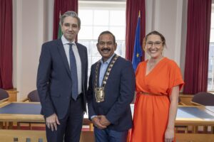 Taoiseach Simon Harris, Mayor Baby Pereppadan and Minister Emer Higgins